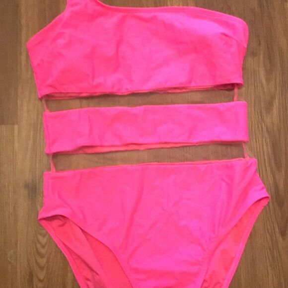 The POST Swimwear Mesh One Shoulder One Piece in Fuchsia - Picture 5 of 7